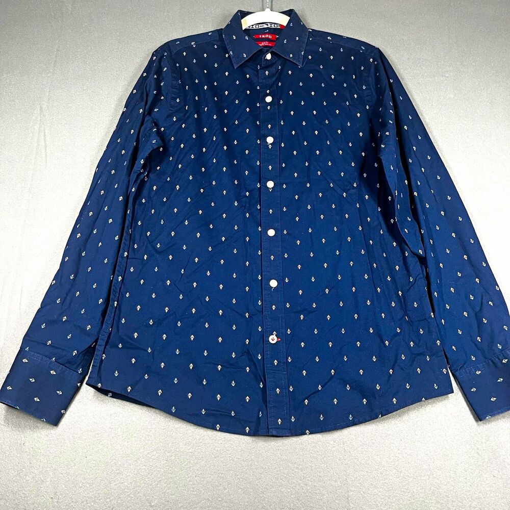 IZOD mens size M slim fit blue anchor print long sleeve button-up shirt